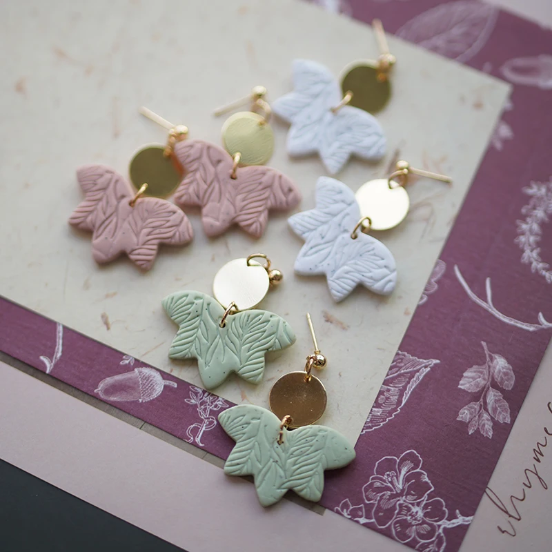 Multi Shapes Pale Colors Sandy Effect Leaves Pattern Special Metal Polymer Clay Vintage Elegant Earrings Jewelry Stud Sets Party