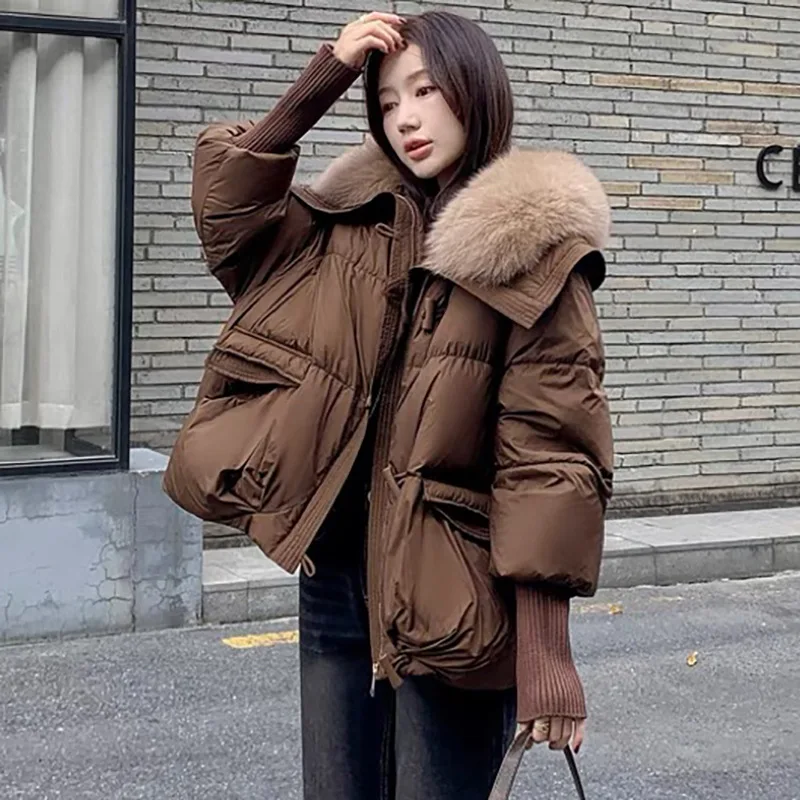 

Big Fur Lapel Down Cotton Clothes for Women's Winter New Short Style Thickened American High-end Feeling Warm and Loose Jacket