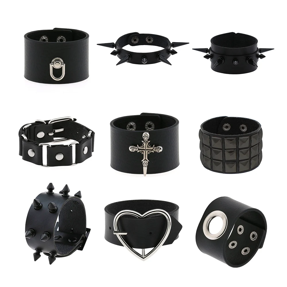 2025 Black Goth Rings Bracelets For Women Punk Emo Spike Rivets PU Leather Bracelet Cuff Bangles Festival Jewelry Party Gift