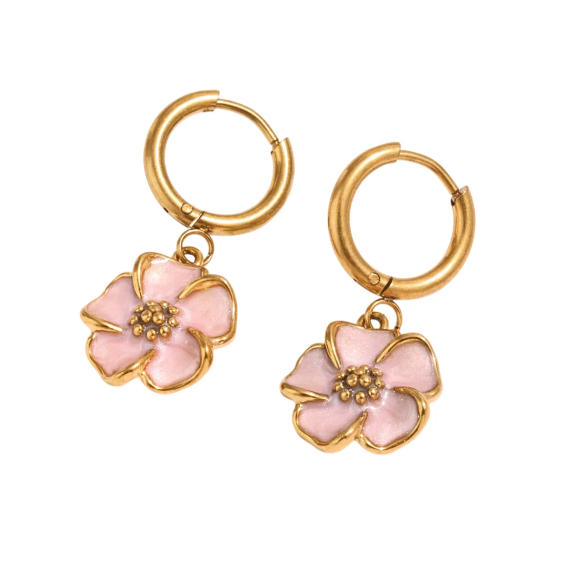 Süße rosa-weiße Emaille-Blumen-Ohrringe, goldfarbener Edelstahl, Blumen-Huggie-Creolen, baumelnde Ohrringe, Damen-Party-Geschenk – Detail 5