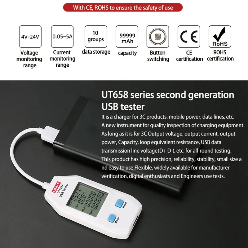 UNI-T UT658 Series Type A/C USB Tester UT658B Digital Voltmeter Ammeter Fast Charge Cable Charger Testr