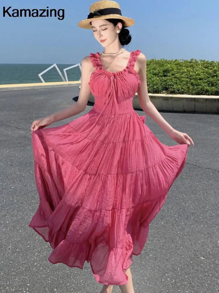 

Summer Fairy Party Dress for Women Elegant Sleeveless Lace-up Princess Birthday Prom Solid A-Line Beach Vestidos Female Clothes