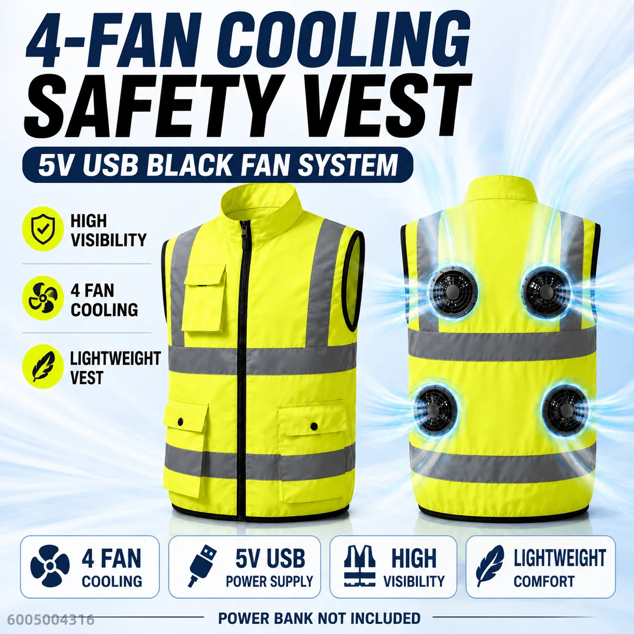 2/4-Fan USB High Visibility Cooling Safety Vest for Men Reflective Lightweight Workwear for Construction Road Work Outdoor Jobs