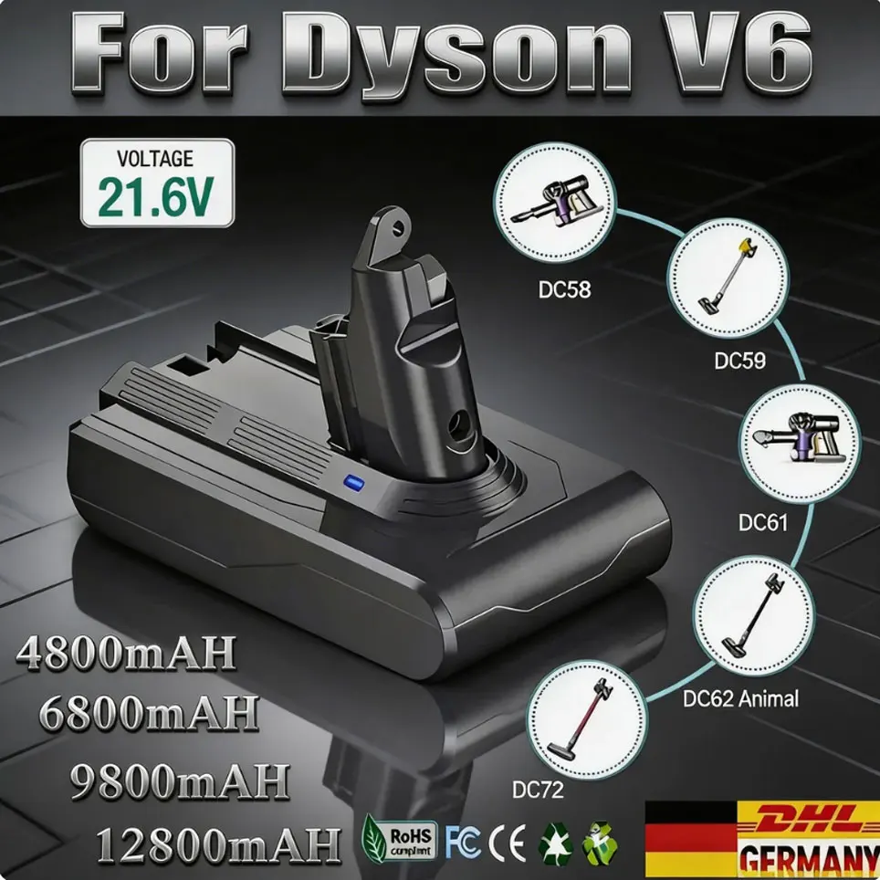 Batterie de remplacement pour aspirateur Dyson V6 21.6V 12800mAh compatible DC62 DC59 DC58 SV03 SV04 SV09 Animal Motorhead V6 Slim Absolute