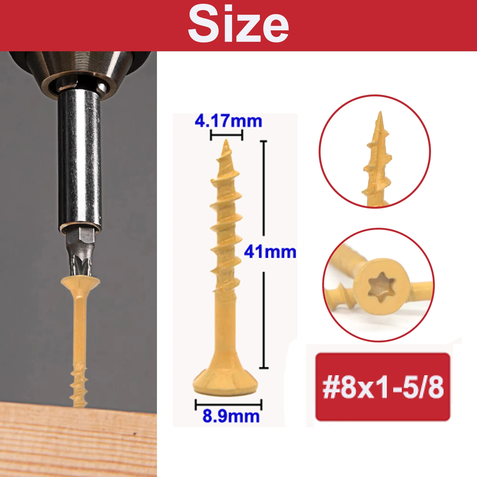 Weiyi 50/100 Stück Sechskant-Torx-Deckschrauben # 8 # 10 flache, rostbeständige, epoxidbeschichtete, selbstschneidende Holzbolzen in Bronze und Schwarz – Detail 5