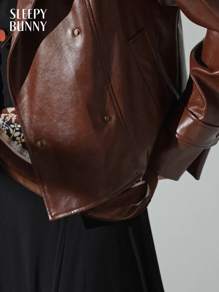 Women Vintage Retro Cropped Leather Jacket Coat Spring Loose Double Breasted Lapel Biker Outerwear Lady Stylish Daily Streetwear
