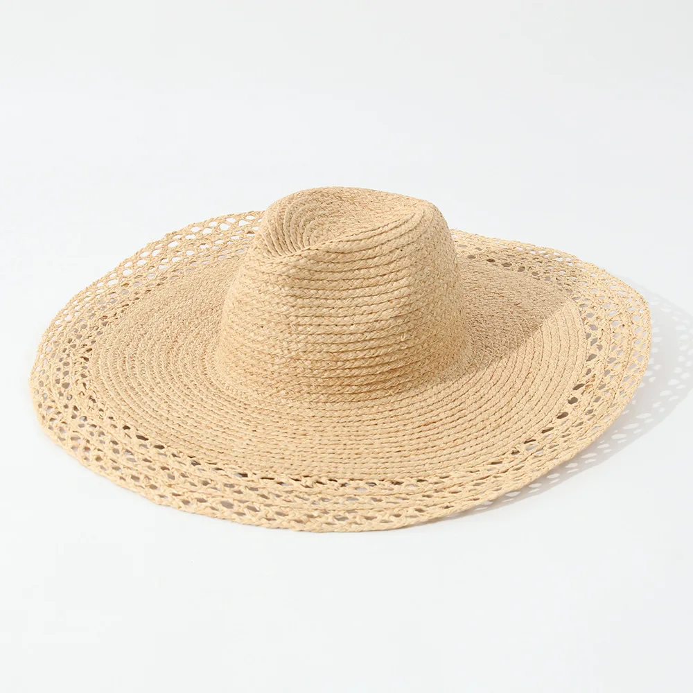 European Fashion 15cm Wide Brim Beach Hat, Hand Woven Hollow Edge Rafia Straw Sun Cap, Cross Border Hot Sale