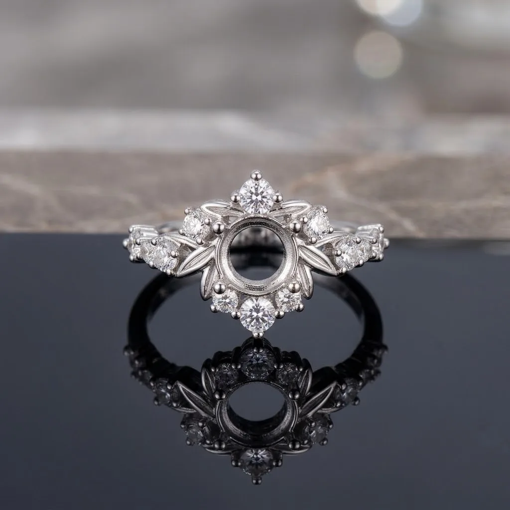 6mm Round Blank Ring Setting Brass Snowflake Flower Ring Mount Base 4 Prongs CZ Semi Mount DIY FineWomen Jewelry Findings Making