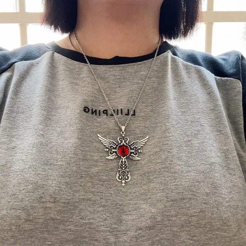 European And American Cross-Border Red Eye Pendant Jewelry Creative Devil's Wings Cross Stainless Steel Necklace