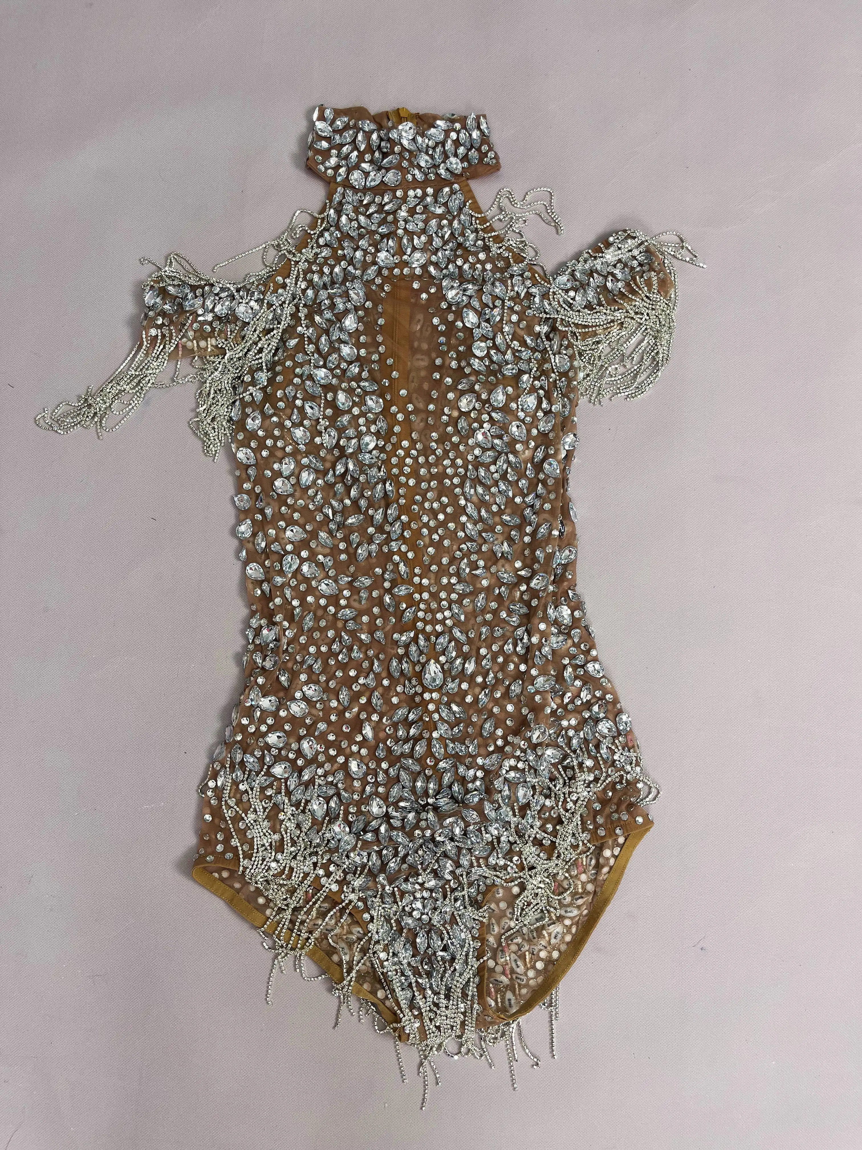 Costume de spectacle pour filles, tenue de fête de luxe, strass brillants, chaîne de cristaux, épaules dénudées, fourchettes hautes, pour femmes, fête, chanteur, danse