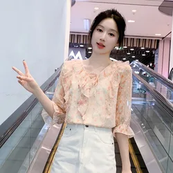 Women Summer Korean Fashion Loose Printing All-match V-neck Short Sleeve Chiffon Shirts Ladies Office Lady Appear Thin Top Tee