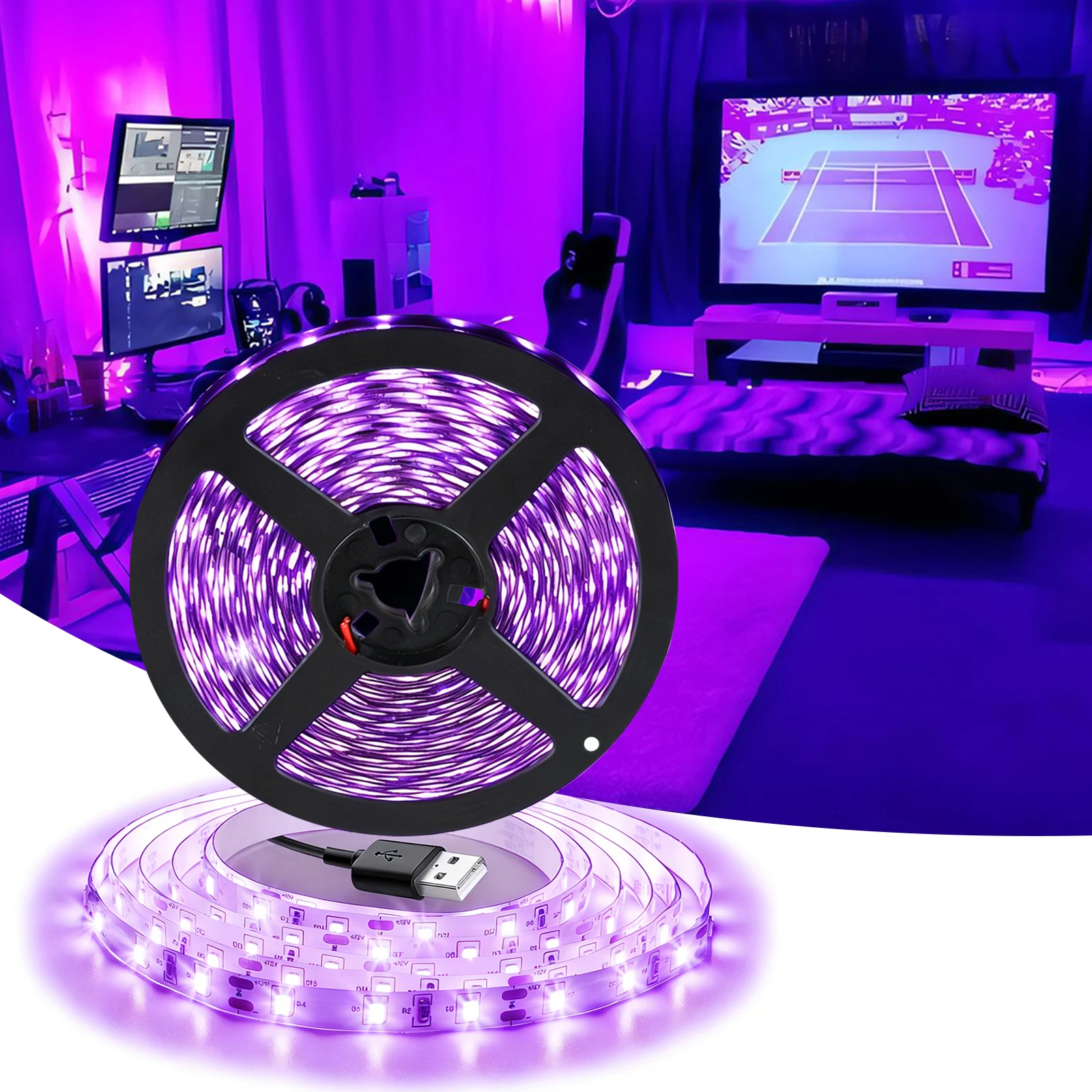 3/5M Purple LED Strip Light, 5V USB Powered, 60LEDs Monochrome, Single Button Switch, Flexible Purple Light for DIY Decoration