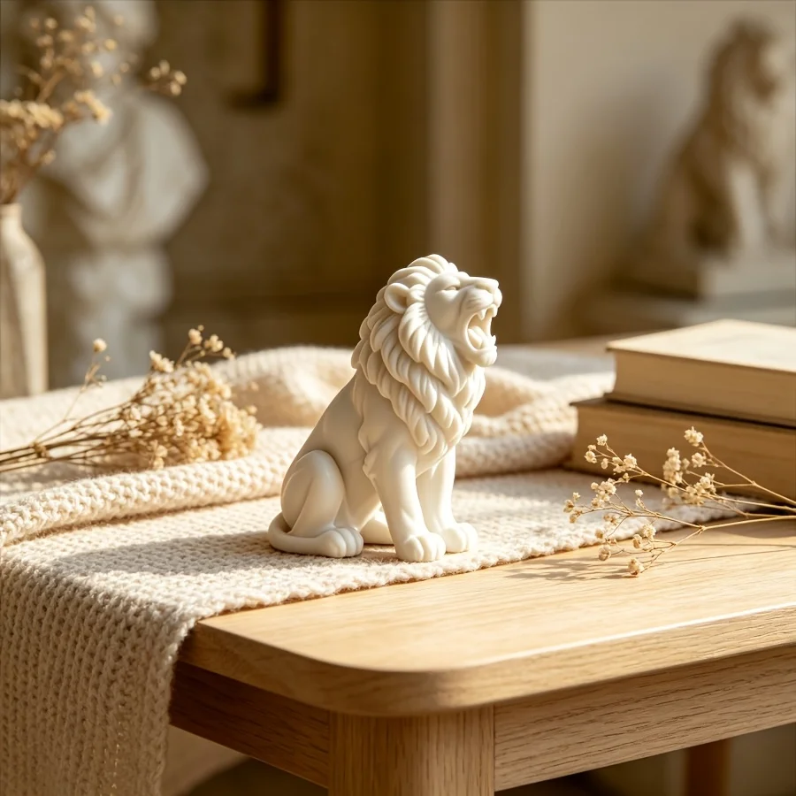 White Roaring Lion Statue Modern Animal Figurine Home Office Shelf Decor Minimalist Sculpture Gift