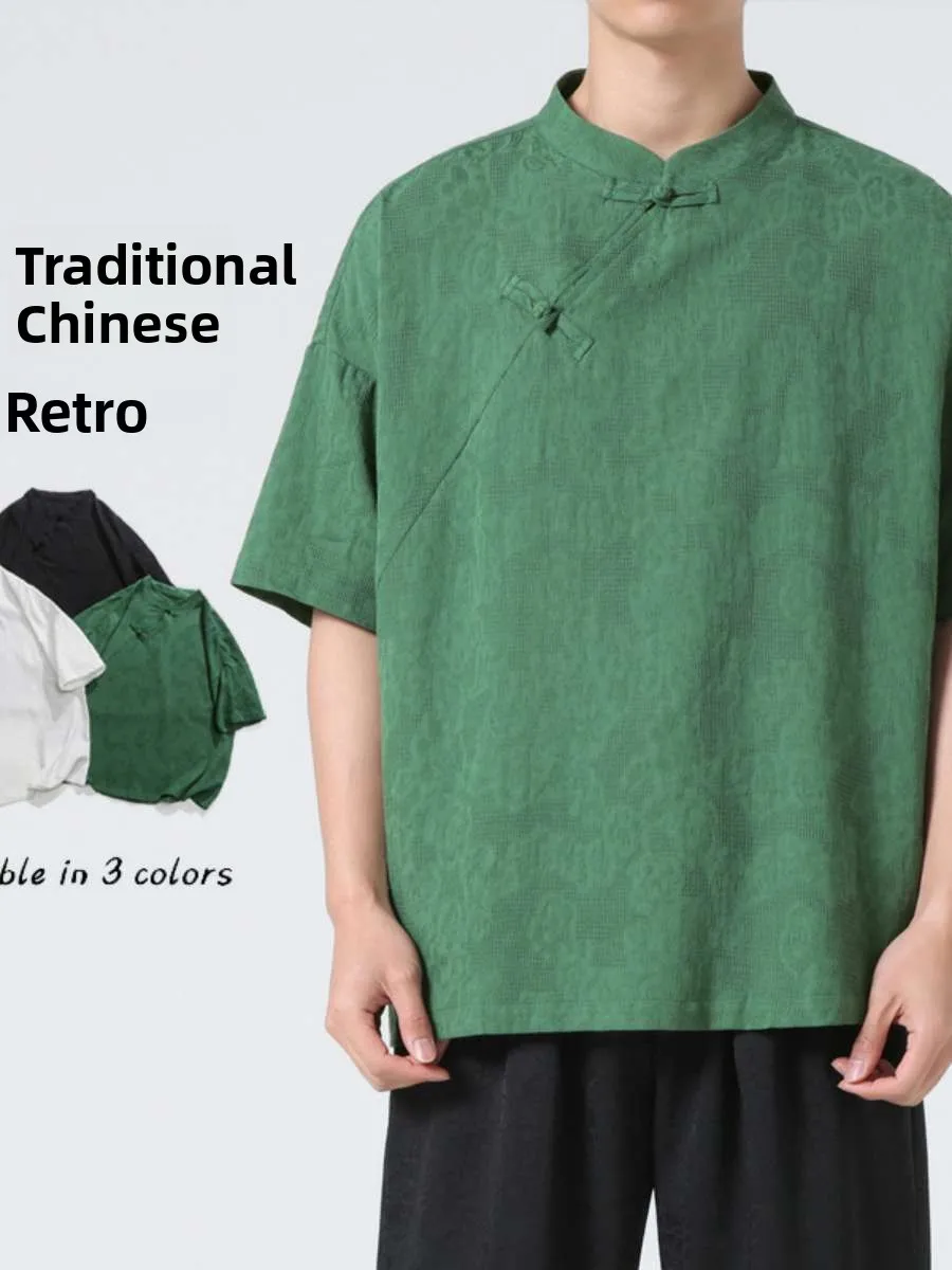 New Summer Chinese Style Shirt Collar Cotton Linen Short Sleeve Breathable Button up Men's T-Shirt Pure Color Lightweight
