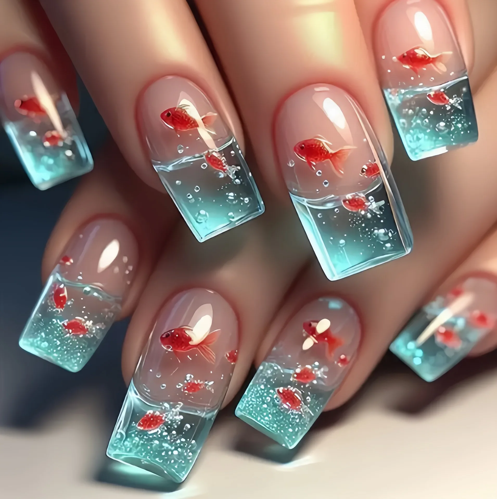 24pcs Long Ballet Press on Nails Summer Goldfish Ocean Pattern Fake Nails European Fashion False Nails for Women Girl Wearable
