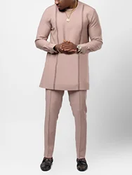 2024 New Elegant Pink African Men's Set 2 Pieces Outfits Long Sleeve Ethnic Tops And Pants