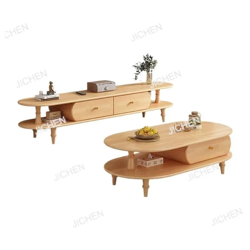 Solid Wood Coffee Table TV Cabinet Set, Nordic Style Small Coffee Table, Household Floor-to-ceiling Rubber Wood TV Cabinet