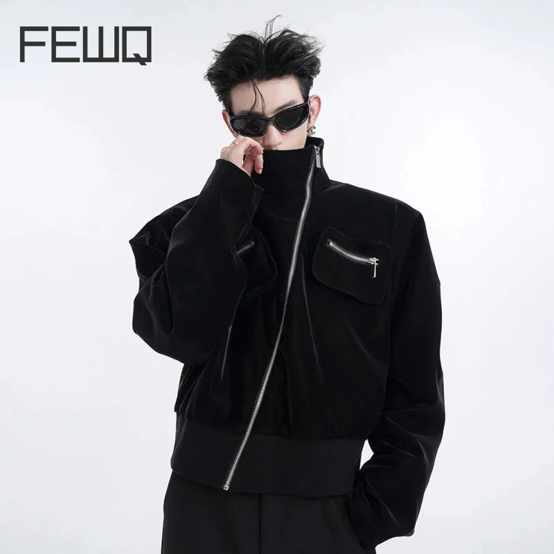 

FEWQ Men's Jacket Diagonal Zipper Stand-up Collar Three-dimensional Pocket Top Summer 2024 Shoulder Pad Spring Coat 24Y140