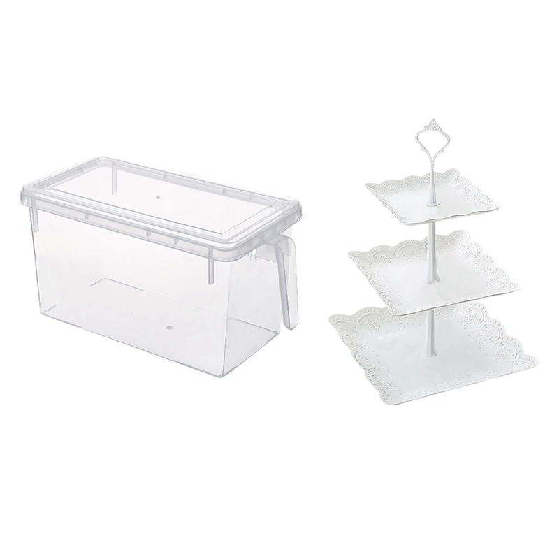 Fridge Fresh Storage Box Refrigerator Plastic With Handle & 3 Tier Cupcake Display Stand Dessert Tower Fruit Tray