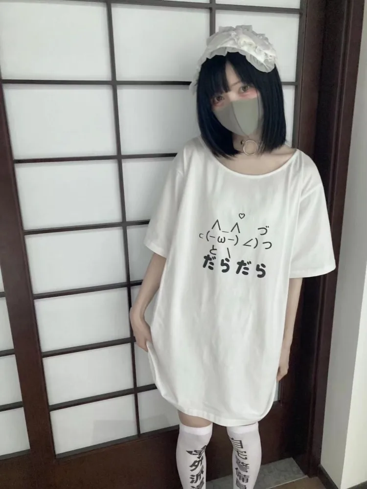 

Harajuku Lazy Cute Print Hite Tops Mujer Mid-length Loose O-neck T-shirt for Women 2025 Summer New All-match Tee Shirt