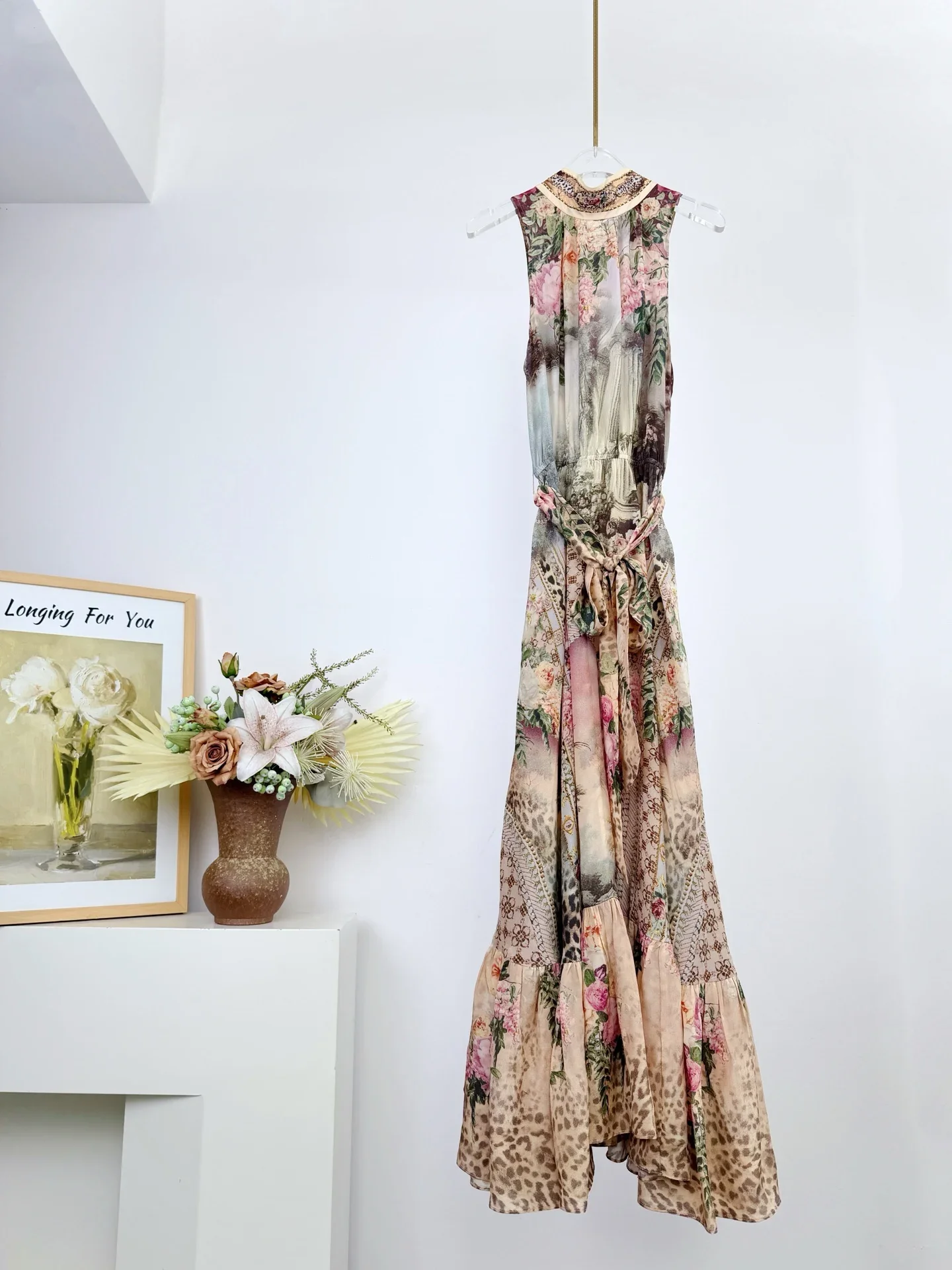 Retro Floral Print Frauen Maxi Kleid Kristall Perlen Band Stehkragen Ärmellose Spitze-up Taille Elegante Damen 100% seide Robe