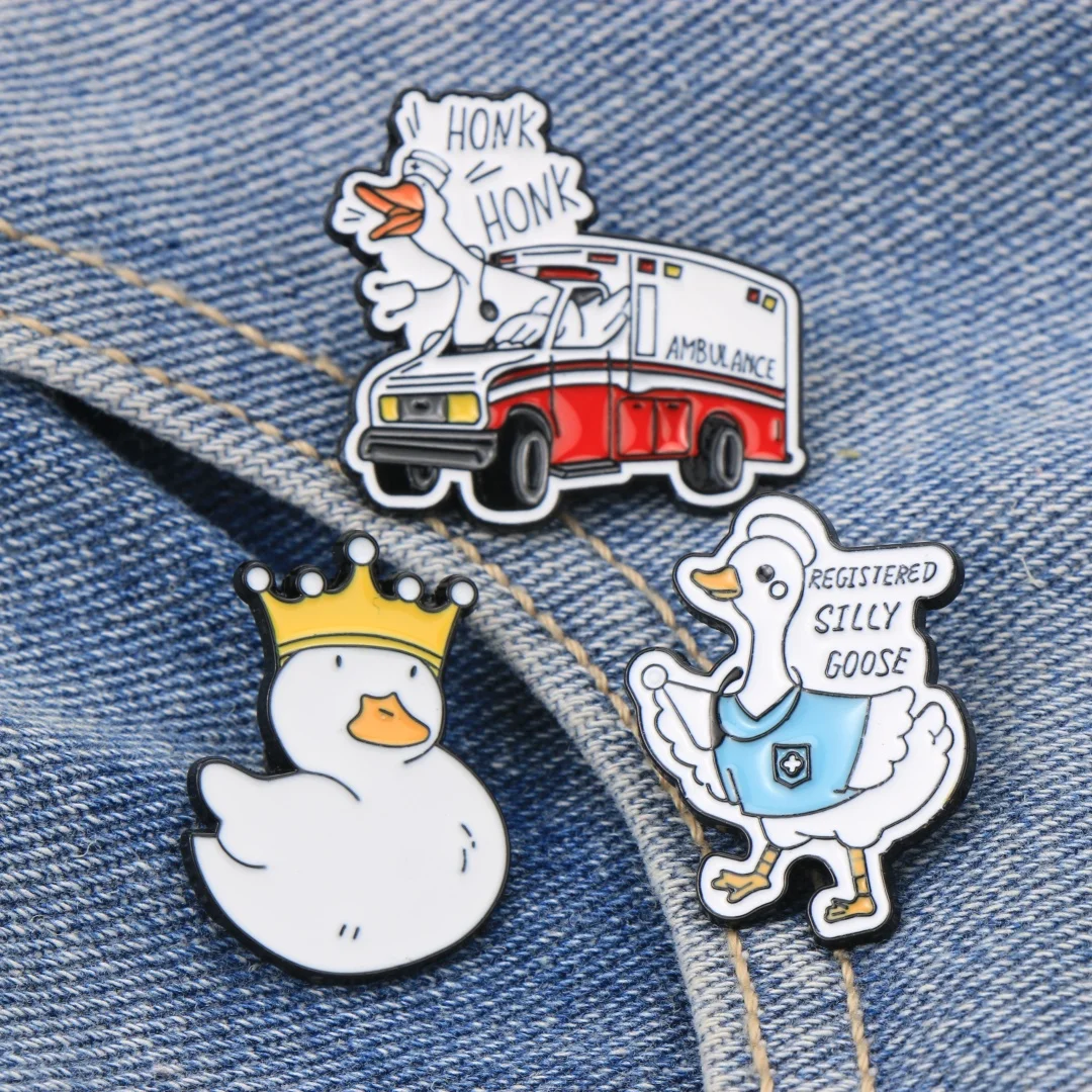 Funny Cartoon Goose Duck Enamel Lapel Pin Pack Crown Nurse Ambulance Theme Metal Badge Casual Backpack Trendy Decor Ornament