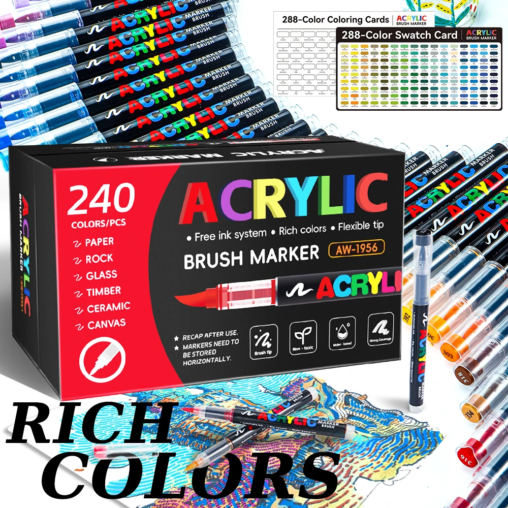 240/288 Colors Acrylic Brush Marker Pen Set Free‑ink Soft Tip Waterproof Paint Markers for Stone Timber Ceramic Glass Canvas DIY Art Craft Graffiti Drawing