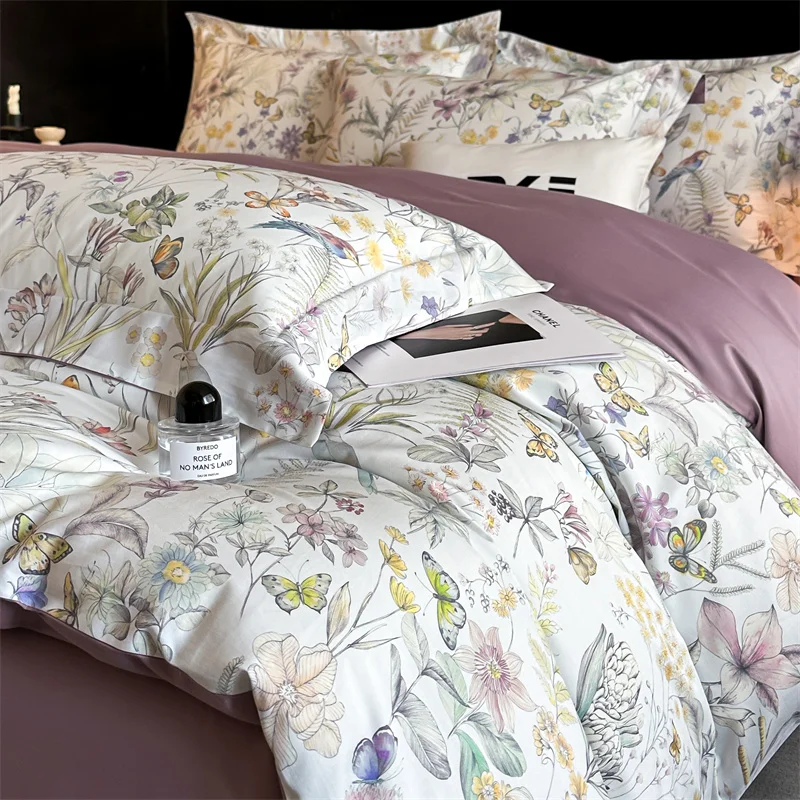 600TC Egyptian Cotton Flowers Butterfly Print Bedding Set Single Double Queen King Size Duvet cover Set Bed Sheet Pillowcases