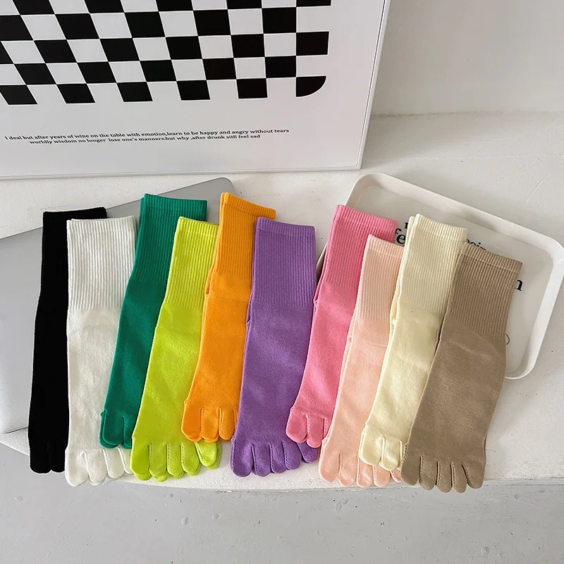 

Candy Color Striped Cotton Five Finger Socks For Women Harajuku Soft Comfortable Five Toe Sock Fashion Solid Color Long Soxs