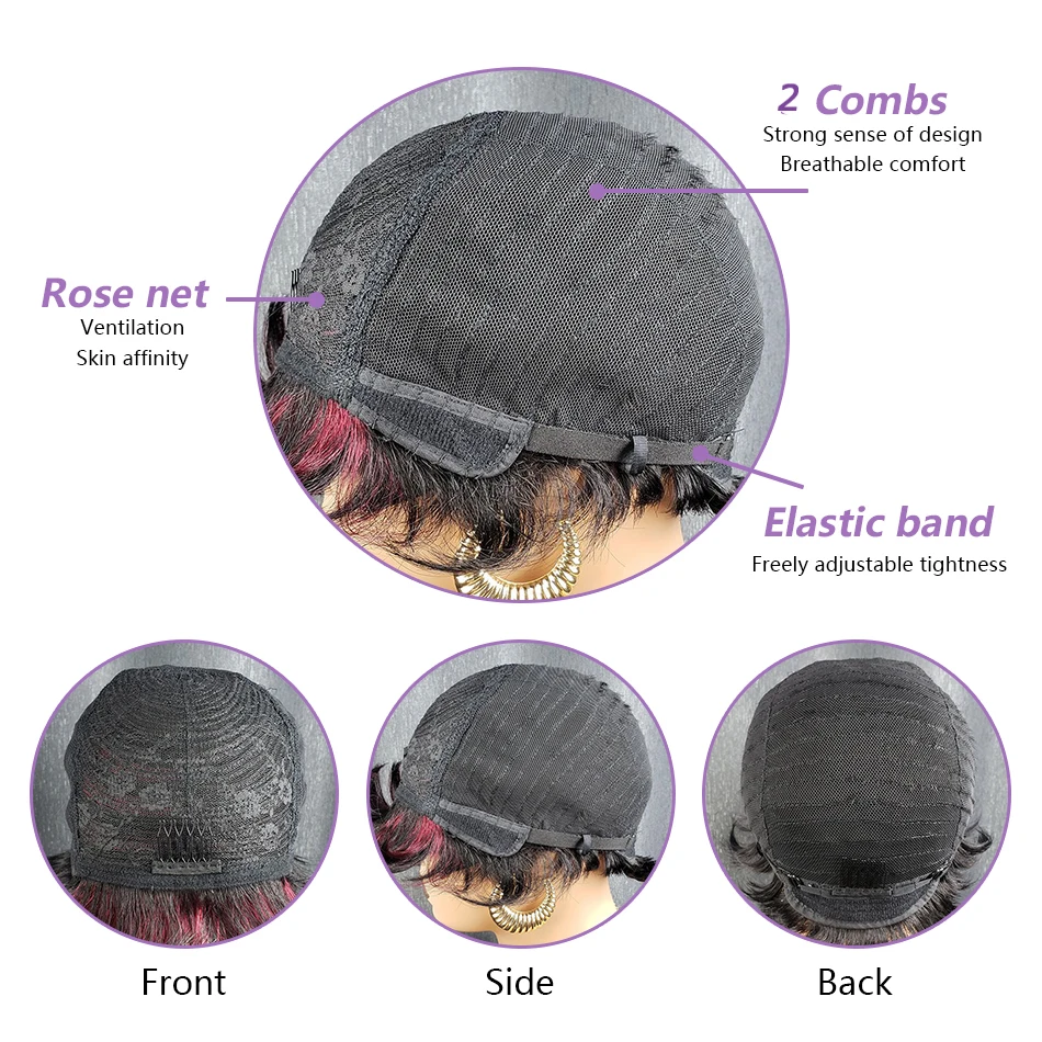 숏 픽시컷 가발 100% 인모 여성용 버건디 블랙 앞머리 있는 브라질리언 헤어 머신메이드 프리 플러킹 헤어라인