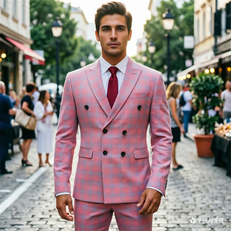 

Men's Pink Striped Checkered Three-Piece Suit (European Sizes): Jacket, pants, and vest—perfect for weddings and parties