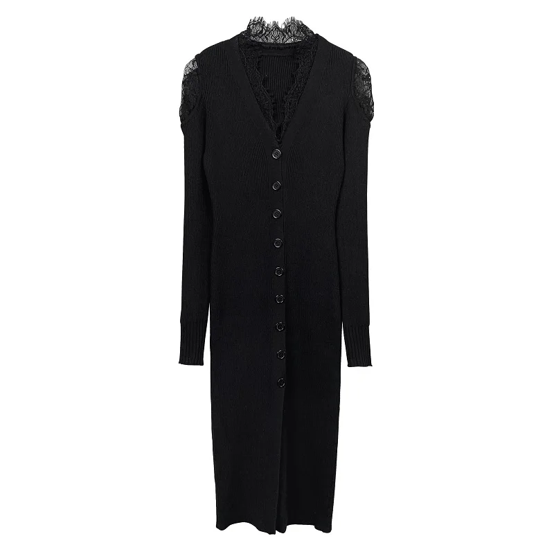 エレガントなVネックニットワンピース 長袖 レーストリム スリムフィット ベースドレス 春の新作 セクシーなスリット入り 無地 シングルブレストトップス