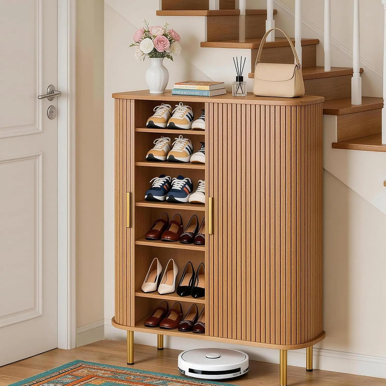 

Shoe Storage Cabinet with Sliding Door, 6-Tier Shoe Cabinet with Adjustable Shelves, Mid-Century Modern, Customized