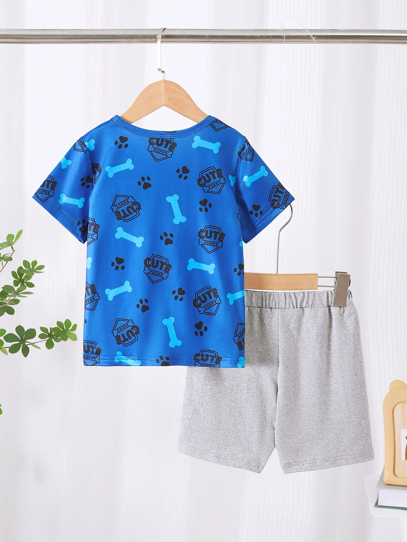 2PCS Fashion Boys' Summer Set Cute Dog Letter Printed Round Neck Short sleeved T-shirt+Grey Casual Shorts for 4-7Y Boys Children
