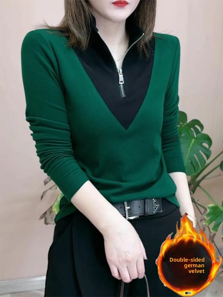 Double-Sided Fce Long Sve T-irt Stand Collar Slim Fit Women's Faionable Color Blo Top for Autumn Winter