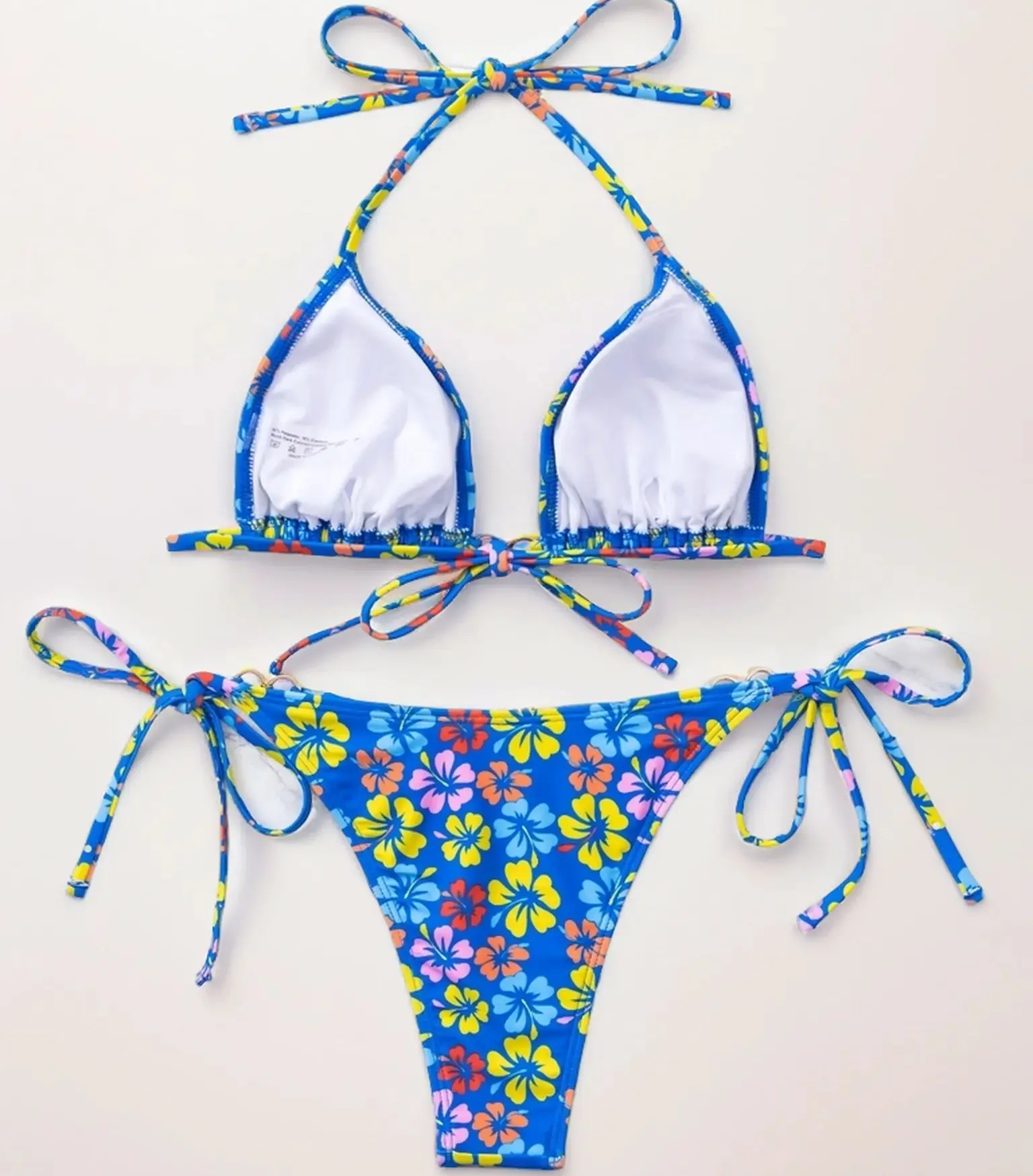 Zestaw bikini w niebieskie kwiaty wiszący pasek trójkątna podkładka Top od bikini szczypce dół od bikini 2-częściowy damski strój kąpielowy