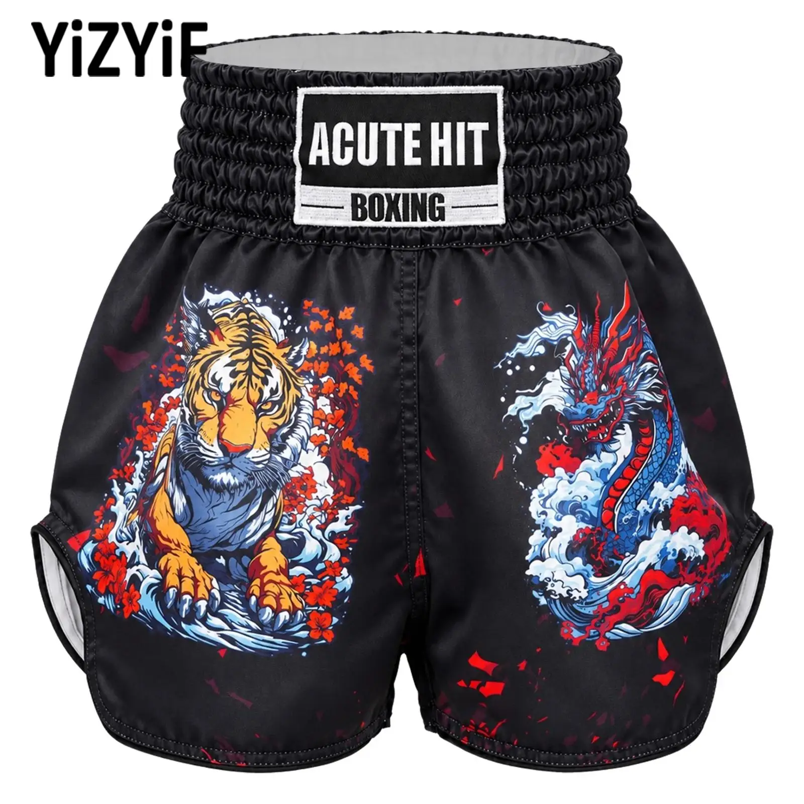 Kids Boys Girls Animal Printed Boxing Shorts Drawstring Elastic Waistband Side Slit Boxer Trunks for Muay Thai Sports Trainings