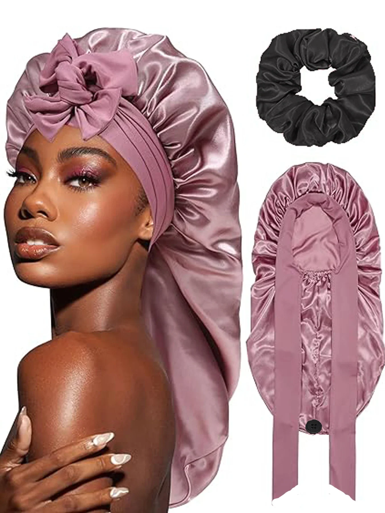 

Long Satin Bonnet for Women Sleep Cap with Elastic Tie Band Smooth Hair Night Cap with Scrunchies