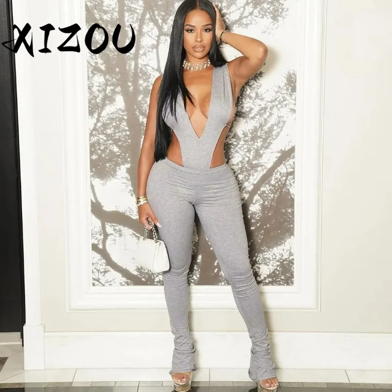 

XIZOU 2025 женский спортивный комплект из 2 предметов, сексуальное боди без рукавов с открытой спиной и глубоким v-образным вырезом + леггинсы, одинаковые спортивные костюмы, уличная одежда