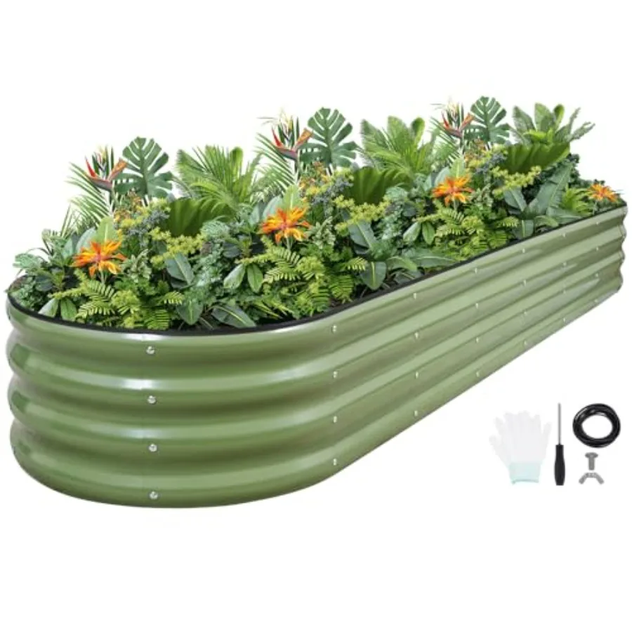 

Oval Metal Outdoor Raised Garden Bed 8x2x1ft with Protective Tape Gloves Tools for Vegetables Fruits Flowers Herbs Galvanized P