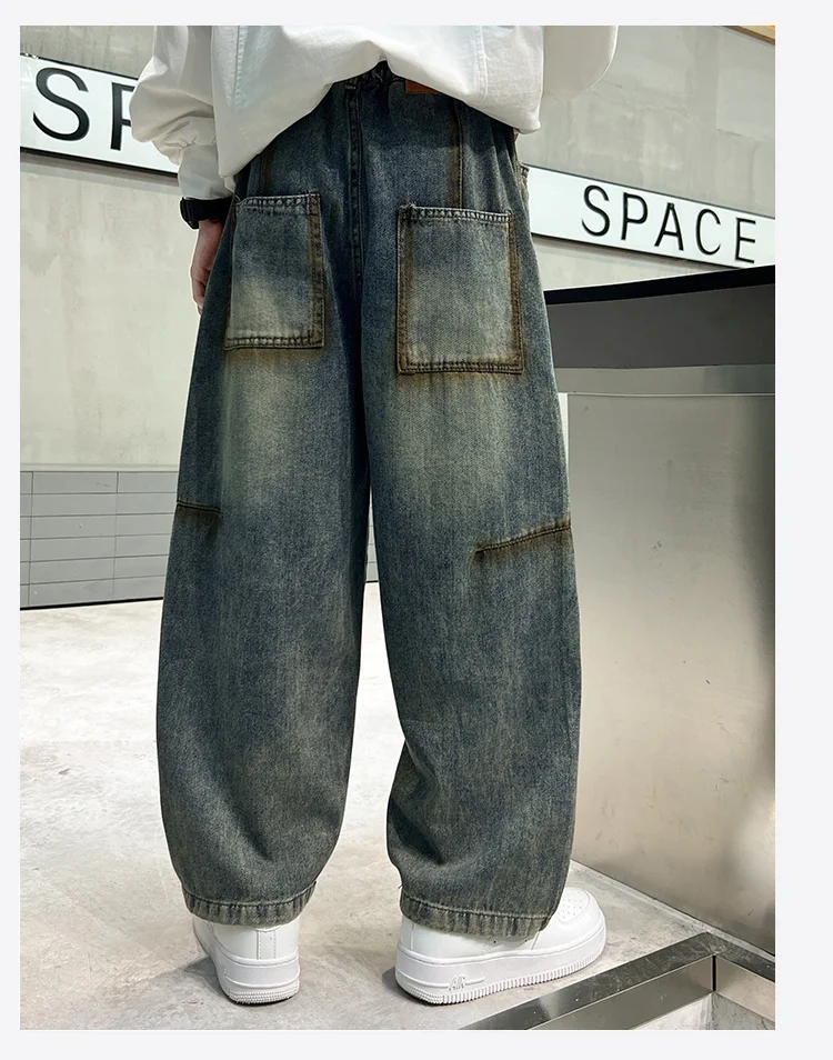Amerikanische Kinder Retro Street Loose Fit Jeans für Jungen, Hochgeschnittene Casual Kinder Vintage Denim Hosen, Teenager Jeans 5-14 – Detail 3