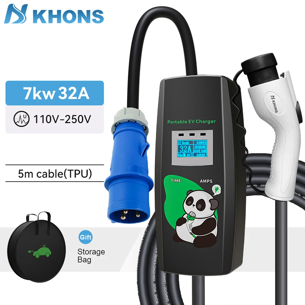 Khons 7KW Ev Charger GBT Portable EV Charger 32A Single-Phase Electric Vehicle Wallbox 5m Cable TPU For Electric Car Charger