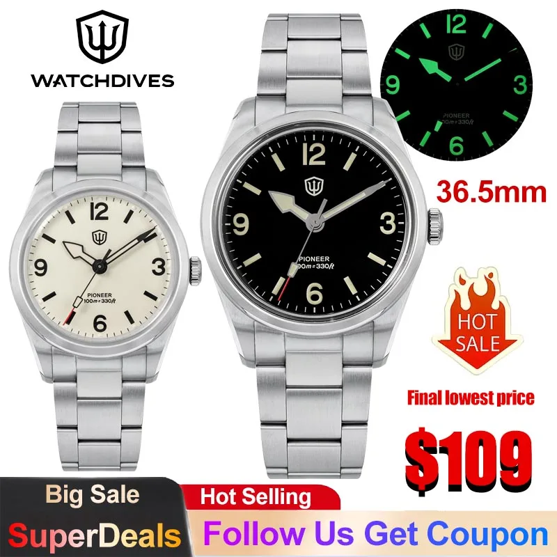 Watchdives WD1960S V2 Винтажные мужские часы с механизмом VH31, плавно движущимися секундными стрелками, кварцевые, с сапфировым стеклом, люминесцентной подсветкой BGW9, из нержавеющей стали.