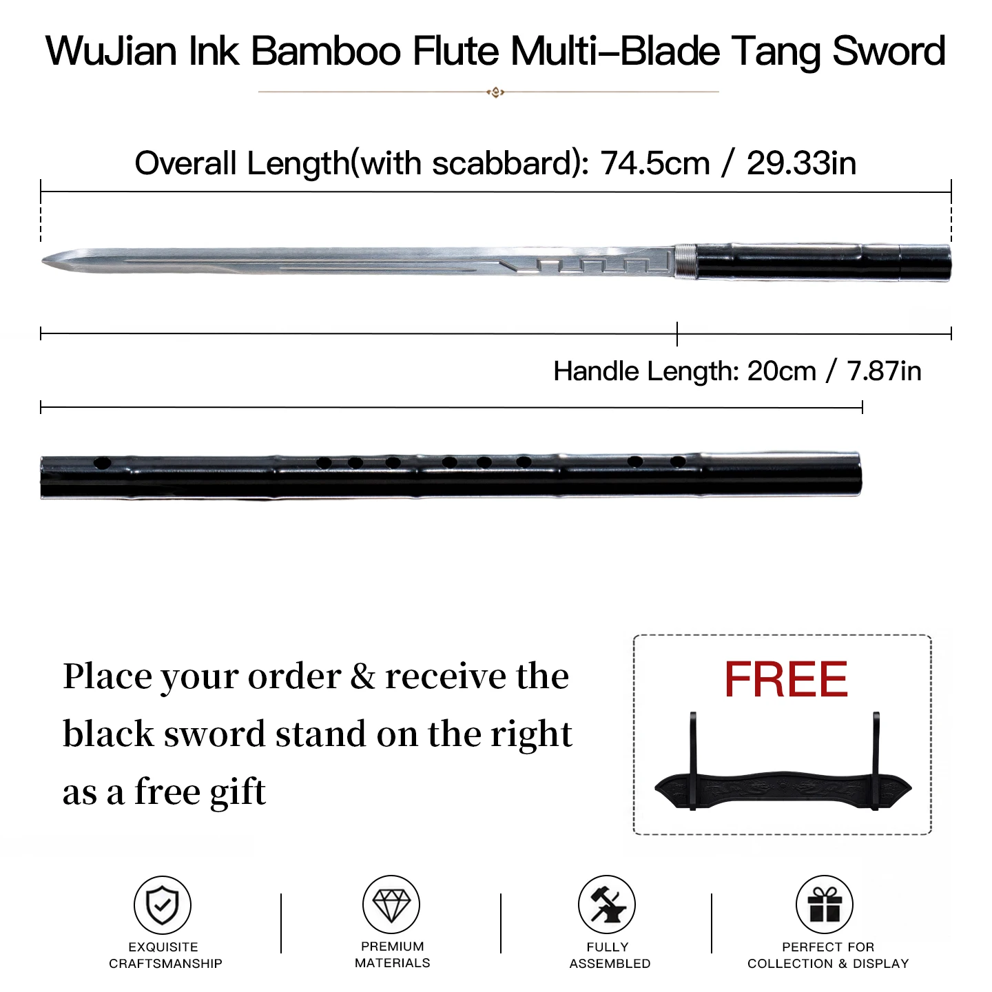 Ink Bamboo Flute Hidden Stick Sword Manganese Steel Multi-Groove Blade Black Flute Scabbard Free Sword Stand Decor Collection