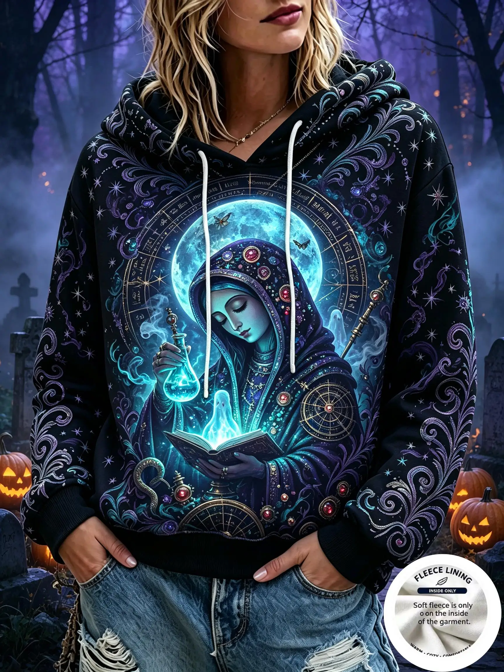 Women Fleece Hoodie Halloween Mystic Witch Moon Magic Print Long Sleeve Pullover