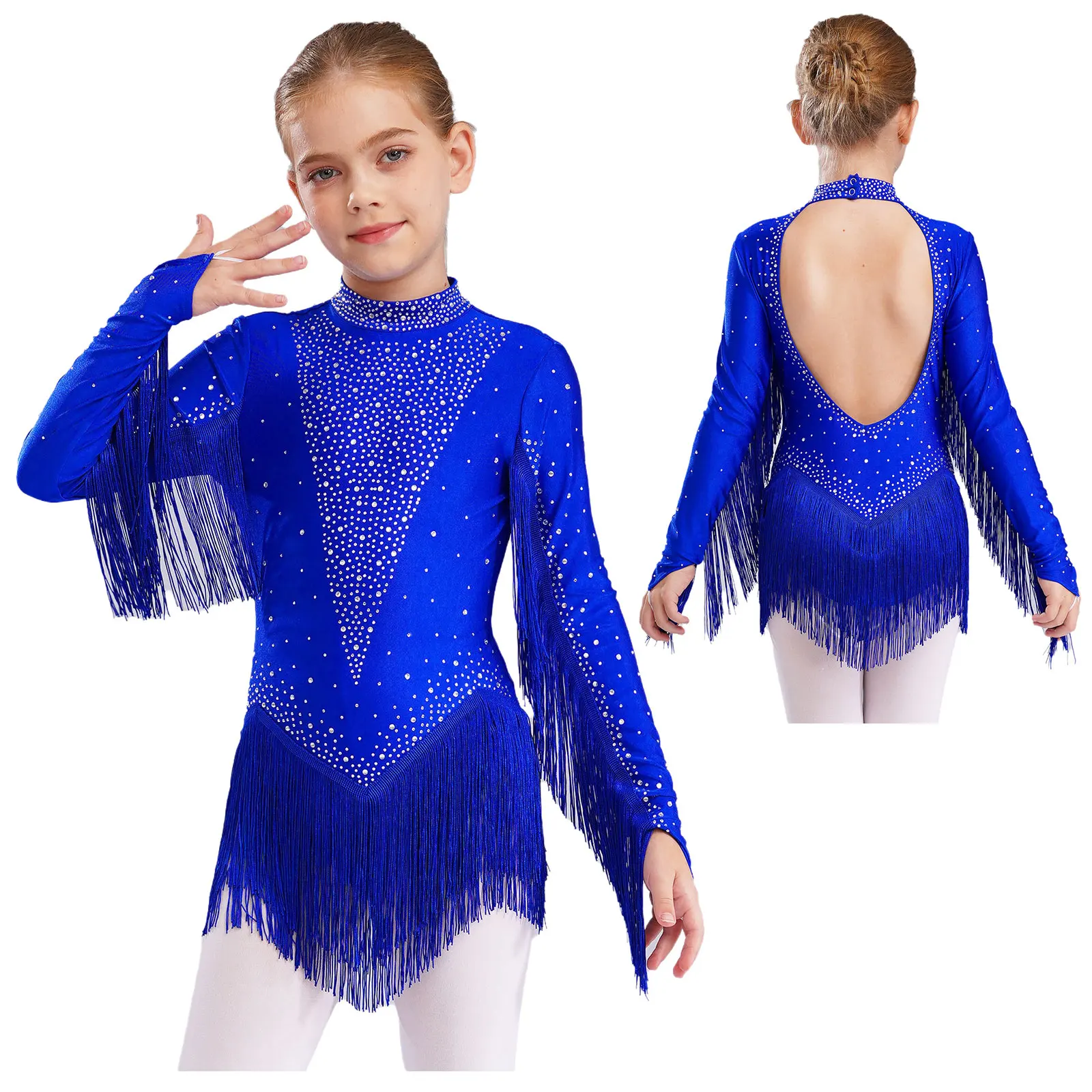 Leotardo de salón de baile latino Cha-Cha Samba para niñas, mono de manga larga con borlas y diamantes de imitación brillantes, vestido para patinaje artístico y Ballet