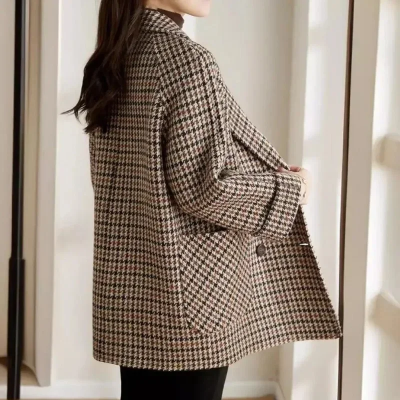 Plaid Women Wool Blends Coats Autumn Winter Overcoat Korean Fashion Mid Length Jacket Loose Lapel Outerwear Fashion Topcoat