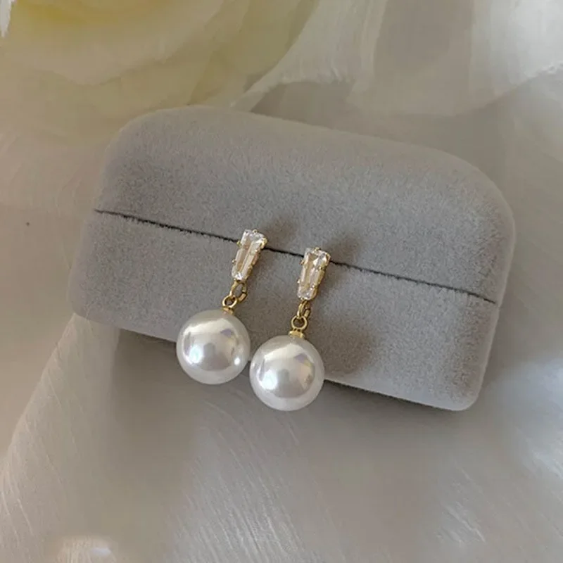 Brincos redondos de imitação de pérolas para mulheres, brincos cz cristal, joias vintage simples, acessório temperamento, presente grossista