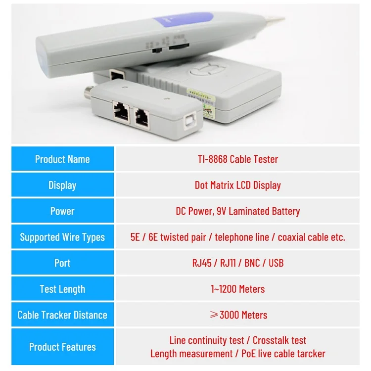 MultifunctionCable Tester Anti-disturbance LCD Wire Tracker Wire Length break point tester for RJ45 RJ11 BNC Metal Cable tester