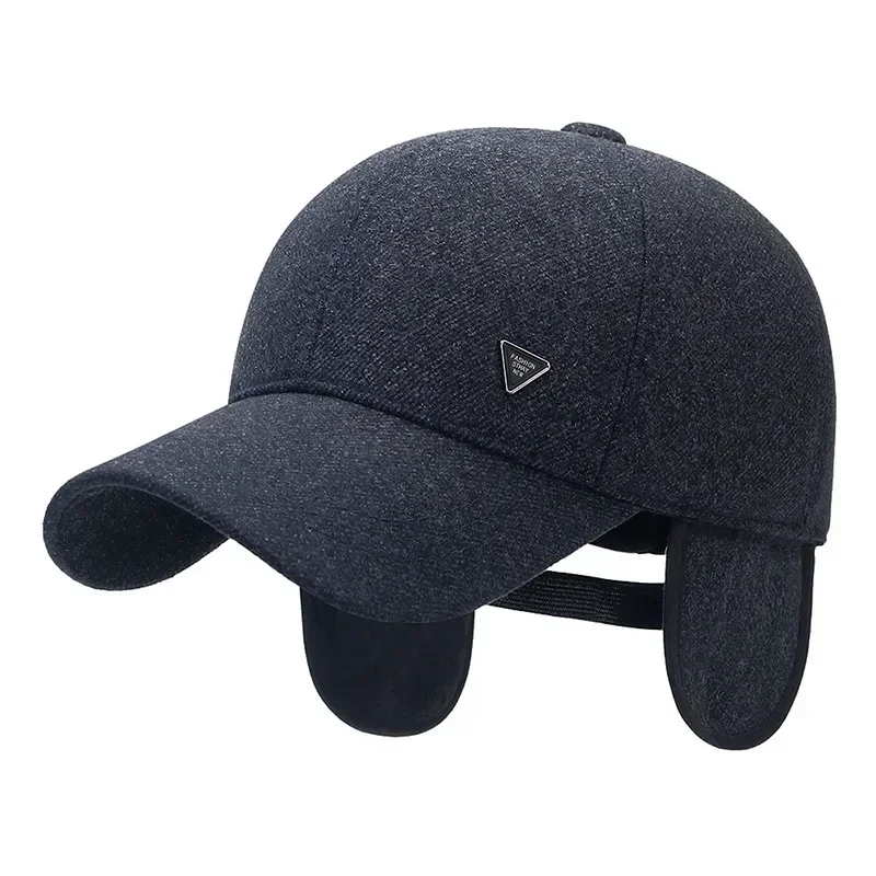 Winter Warm Fitted Closure Dad Hat Earflap Solid Color Windproof Outdoor Trucker Hat Baseball Cap for Men Male Thick Velvet